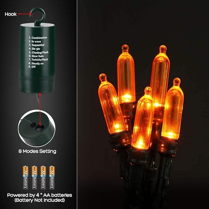 Joomer Orange Halloween Lights, 33ft 100 LED Battery Operated Mini String Lights Waterproof with 8 Modes & Timer Function for Halloween Decorations