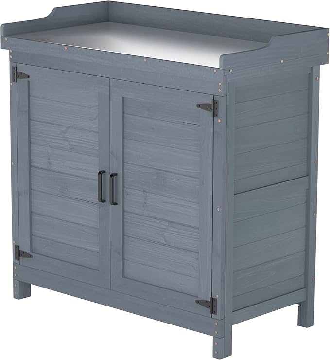 Outdoor Garden Patio Wooden Storage Cabinet Furniture Waterproof Tool Shed with Potting Benches Outdoor Work Station Table (Gray)