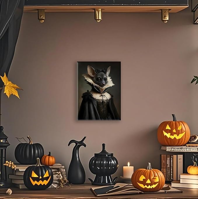 Jatinoo Gothic Bat Wall Art - Vintage Framed Canvas Print, Dark Academia & Halloween Decor, Gothic Home Aesthetic for Fantasy Art Lovers (11.5x15 Inch)