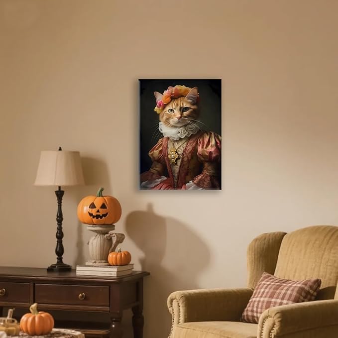 Jatinoo Orange Cat Gothic Wall Art - 11.5x15 inch Framed Canvas Print, Witchy Dark Academia Vintage Home Decor for Halloween, Moody Aesthetic Room Poster for Cat Lovers