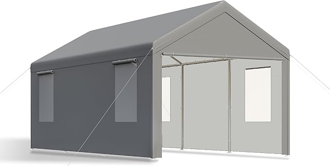 Carport, 10x20 ft Grey Heavy Duty Carport with Roll-up Windows, Portable Garage with Removable Sidewalls & Doors, Car Canopy and All-Season Tarp for Car Boat Truck Motorcycle