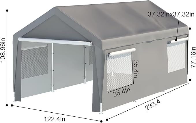 10'x20' Heavy Duty Carport, Garage Car Canopy, with Roll-up Ventilated Windows, Car Shelter w/Side Tarps for Car, Truck, Boat,Gray