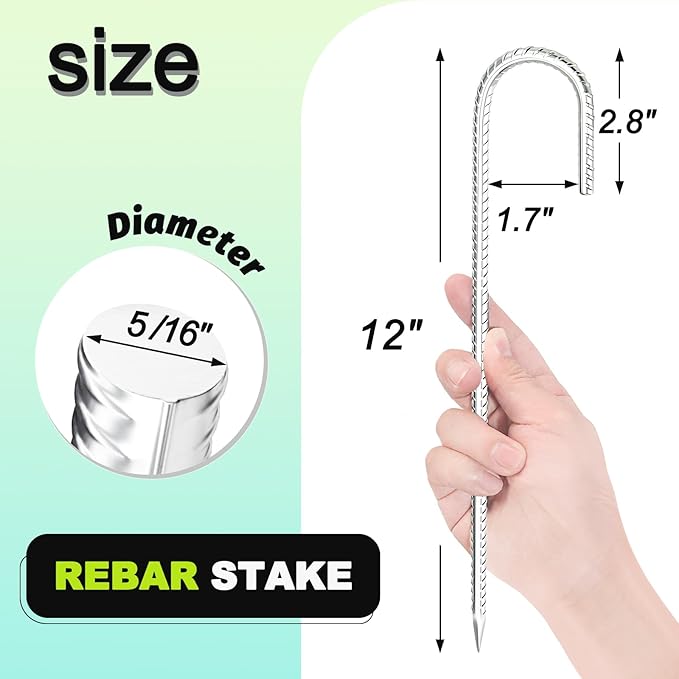 Kadrick Rebar Stakes 12 inch，J Hook Ground Stakes Anchors, 32-Pack White Galvanized Fence Stakes,Heavy Duty 5/16'' Diameter