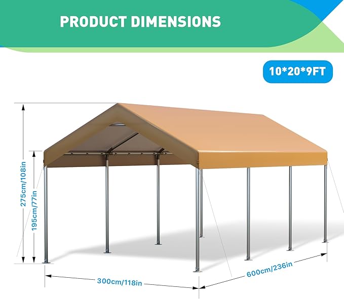 Heavy Duty Carport Canopy 10x20FT,Outdoor Garage Car Shelter Shade,Portable Garage with Roll-Up Windows, Doors, Uv Resistant and Waterproof for Car Truck Motorcycle