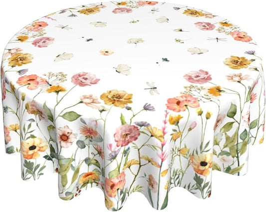 Summer Wildflower Round Tablecloth 60 Inch, Watercolor Floral Leaf Butterfly Table Cloth Rustic Vintage Farmhouse Polyester Cover for Dining Kitchen Room Outdoor Picnic Camping Party Holiday Decor