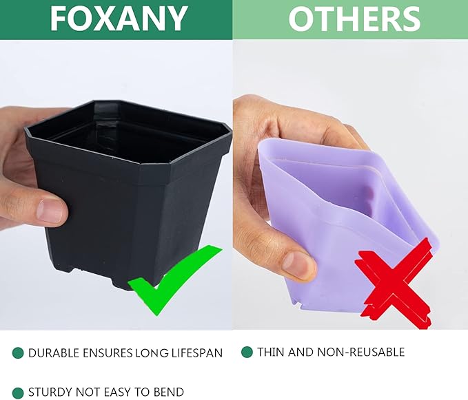 foxany 4" Plastic Nursery Pot, 30 Pcs Thick Plastic Square Planting Pots, Plant Seedling Pots, Seed Starting Pots - Black