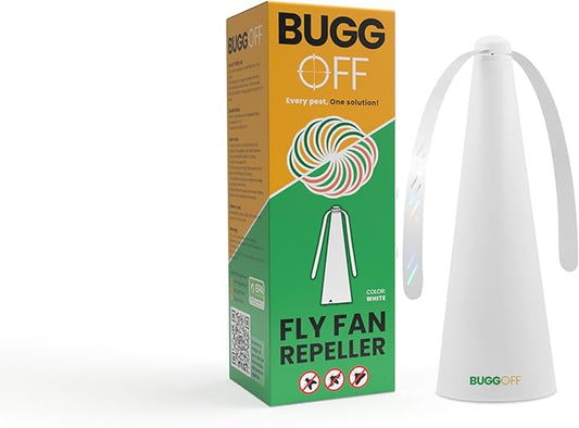 BUGGOFF White Fly & Flying Insect Repellent Fan with Twin Blades, Table top & Hangable, Battery Powered or 5V Plug in, Batteries NOT Included. Safe Blades with Auto Stop. (1 Pack)