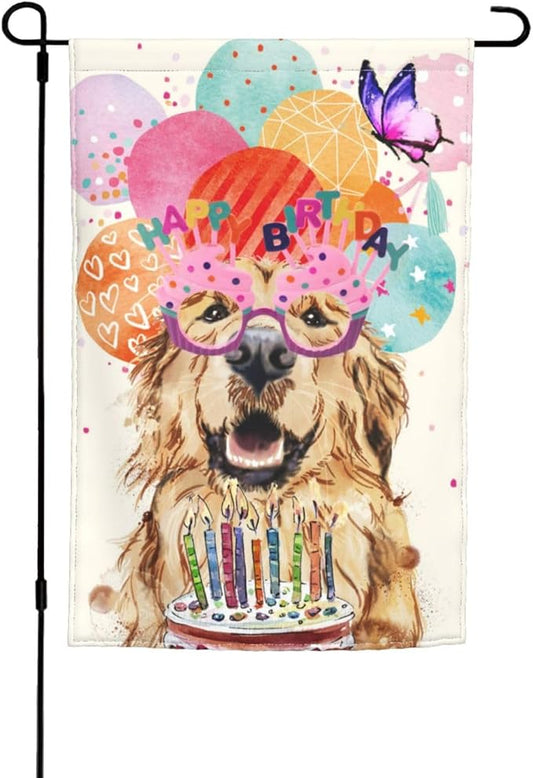 Happy Birthday Cake Balloon Ribbon Golden Dog Retriever Garden Flag Welcome Party Outdoor Outside Decorations Picks Home House Garden Yard Decor 12x18 Inch