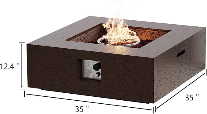 SUNBURY Outdoor Fire Pit, 35" Square Propane Gas Patio Fire Table 50,000 BTU Concrete Travertine Design, CSA Certified, Low Firepit Table with Lava Rocks, Waterproof Cover (Dark Brown)
