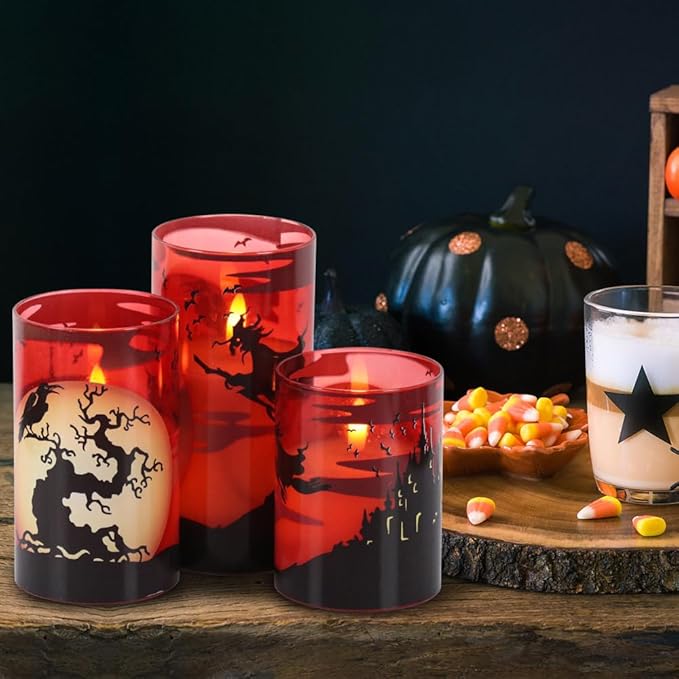 DRomance Witch Glass Flameless Candles with Remote and Timer, Battery Operated Realistic 3D Wick Flickering Real Wax LED Candles Halloween Window Table Holiday Dinner Decor Gifts(3 x 4,5,6 Inches)