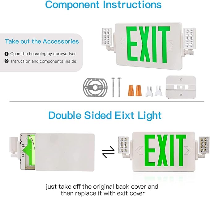 Spectsun 12 Packs Exit Signs with Emergency Lights,120-277VAC -LED Combo Emergency Light with Backup Battery-Double Face UL Listed Green Letter Exit Sign Lighting-Hard Wired-Fire Resistant
