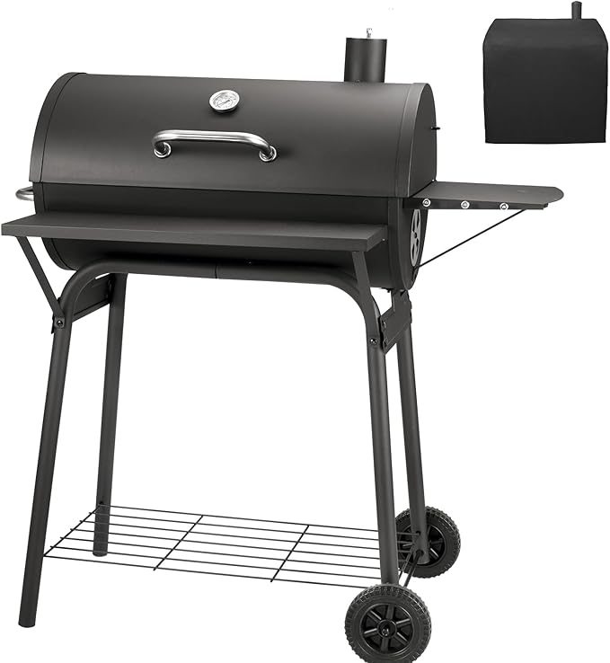Barrel Charcoal Grill, Large Charcoal Grills with Front and Side Shelf, 627 Square Inches Cooking Grid, Outdoor BBQ Grill, Perfect for Backyard Camping, Patio Parties, and Picnics