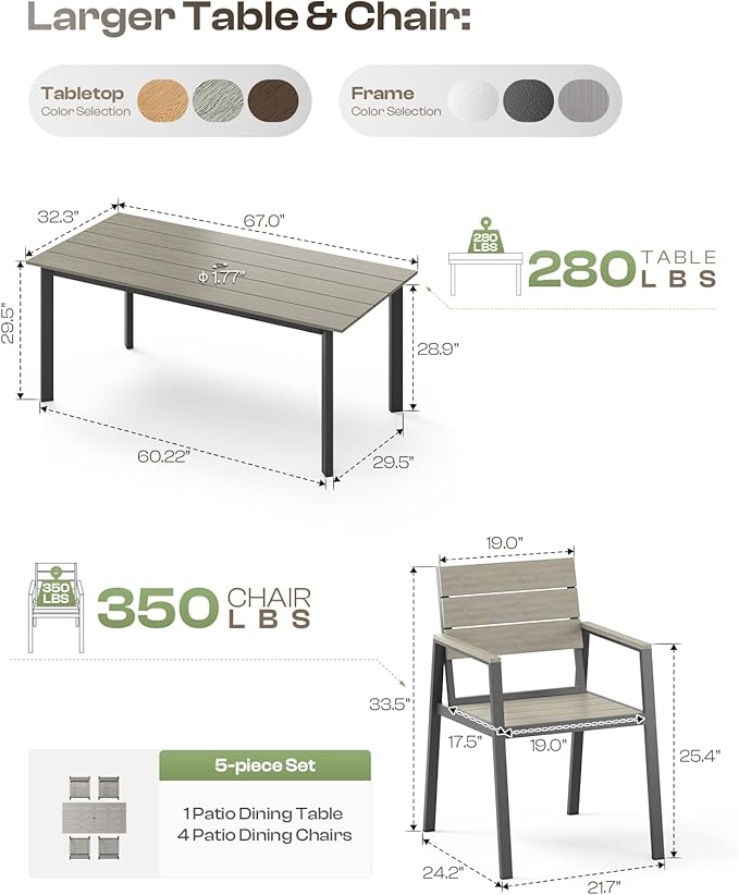 Outdoor Dining Set for 4, Patio Table and Chairs Set with Umbrella Hole, 5 Pieces HDPS Outdoor Furniture Sets for Patio, Garden, Backyard (Gray)