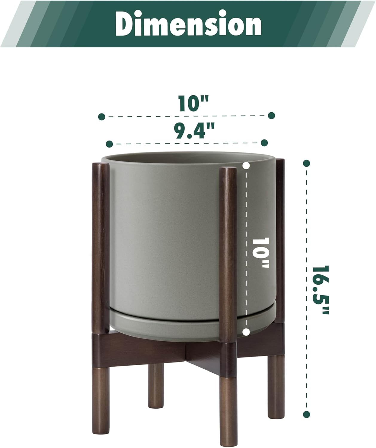 D'vine Dev Ceramic Planter with Walnut Color Stand - 10 Inch Modern Round Flower Pot with Wood Planter Holder, Grey, 55-B-X-3