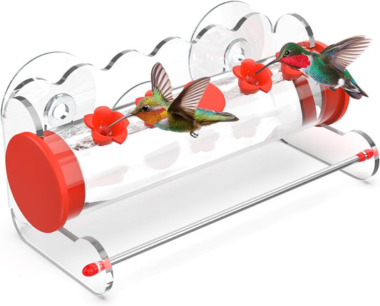 Window Hummingbird Feeder 10oz,4 Feeding Ports with Leak-Proof Design & Ultra Strong Suction Cups,Durable Plastic Bird Feeder Easy to Clean Refill, Outdoor/Indoor Use (Red Flower Top)