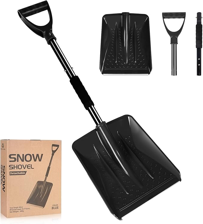 Snow Shovel，2025 Upgraded Lightweight Steel Handle Snow Removal Tool, Kids Snow Shovel, Suitable for Emergencies, Car Driveways, Gardens, Camping (Black