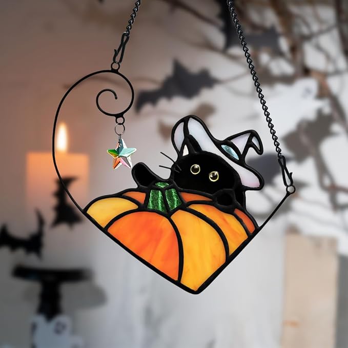 BOXCASA Black Cat Decor Stained Glass Window Hangings Pumpkin Ornament,Halloween Decor Witch Hat Cat Suncatcher for Window,Colorful Crystal Star Halloween Cats Themed Gift for Cats Lover