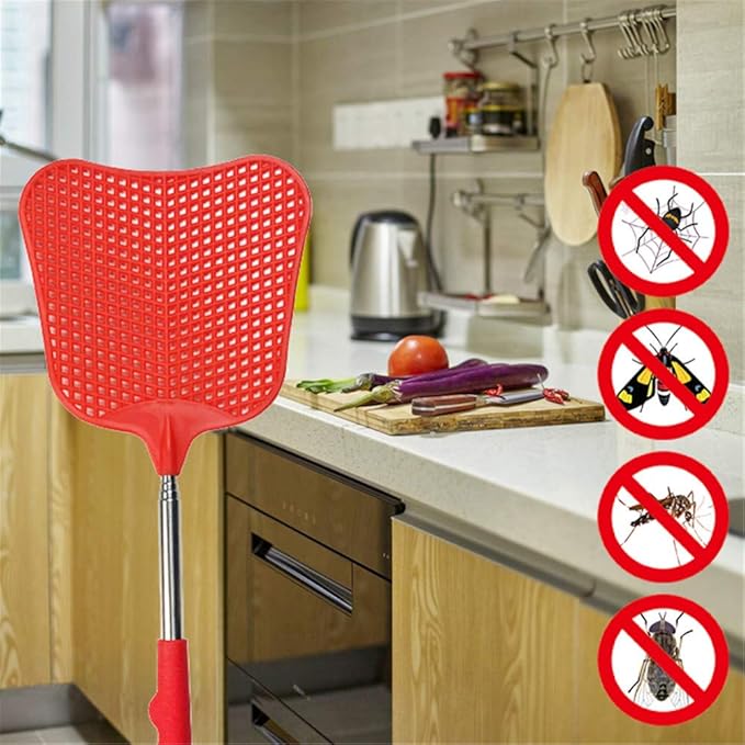 foxany Fly Swatters Extendable, Durable Plastic Fly Swatter Heavy Duty Set, Telescopic Flyswatter with Stainless Steel Handle for Indoor/Classroom/Office (3 Pack)