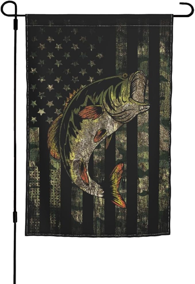 Bass Fishing Camo Camouflage American Flag Green Black Garden Flag Welcome Party Outdoor Outside Decorations Picks Home House Garden Yard Decor 12x18 Inch