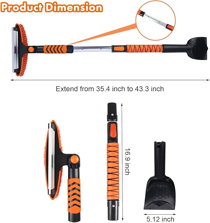 Eazy2hD 3 in 1 Snow Brush with Ice Scrapers, 43.31" Extendable Window Ice Removal with Squeegee for Windshield, 180° Pivoting Brush Head Cleaner Tool for Car, Auto, SUV, Truck