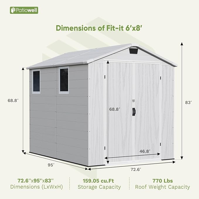 Patiowell 6 x 8 FT Outdoor Storage Shed with Floor - Resin Tool Shed with Lockable Door & 2 Windows, Easy Assembly for Garden, Backyard, Lawn Equipment, Light Gray