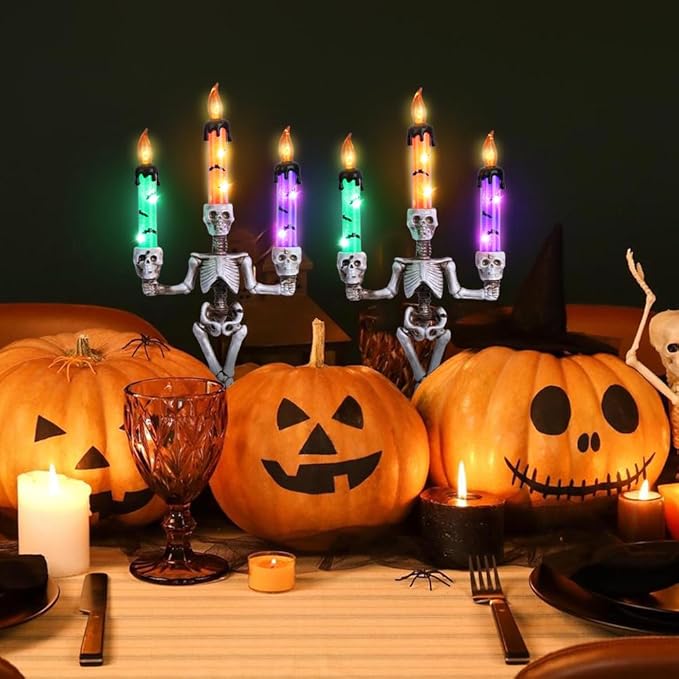 MEETYAMOR 2 Pcs Skull Halloween Candelabra Decorations Indoor, Halloween Candles Holder with LED Lights for Scary Haunted House Mansion Decor, Battery Operated Timer Candlesticks for Table Home Party