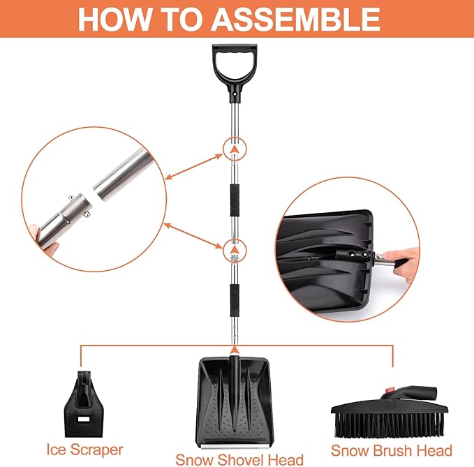 OCGIG 3-in-1 Portable Snow Shovel Kit with Ice Scraper and Snow Brush, Emergency Collapsible Design Snow Remover Set for Garden, Camping, Car, Trucks and Other Outdoor Activities