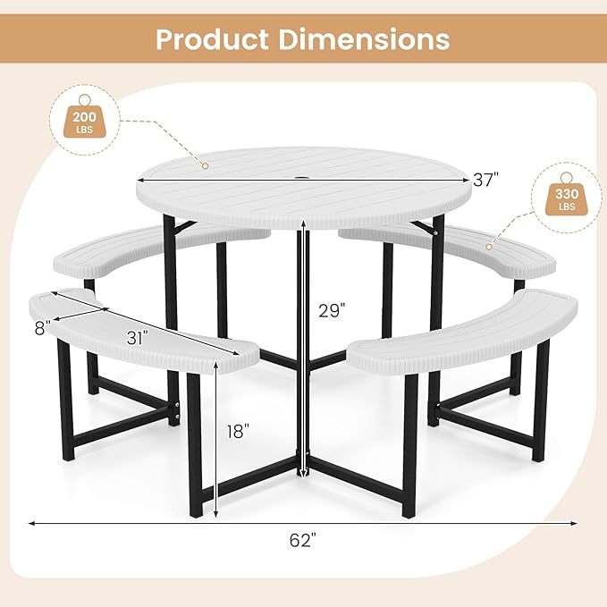 Tangkula 8 Person Picnic Table, HDPE Outdoor Round Table and Bench Set with 4 Built-in Benches, Umbrella Hole, Metal Frame for Garden Yard Patio Lawn