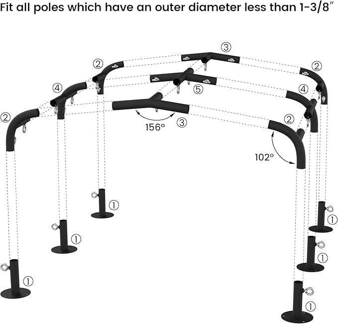 1 3/8'' Canopy Fittings for 6 Leg Carport Frame Parts, Black Canopy Pipe Fittings with Eye Bolts, Carport Frame Kit Low Peak Connectors with 156 Degree Angle(15Pcs)