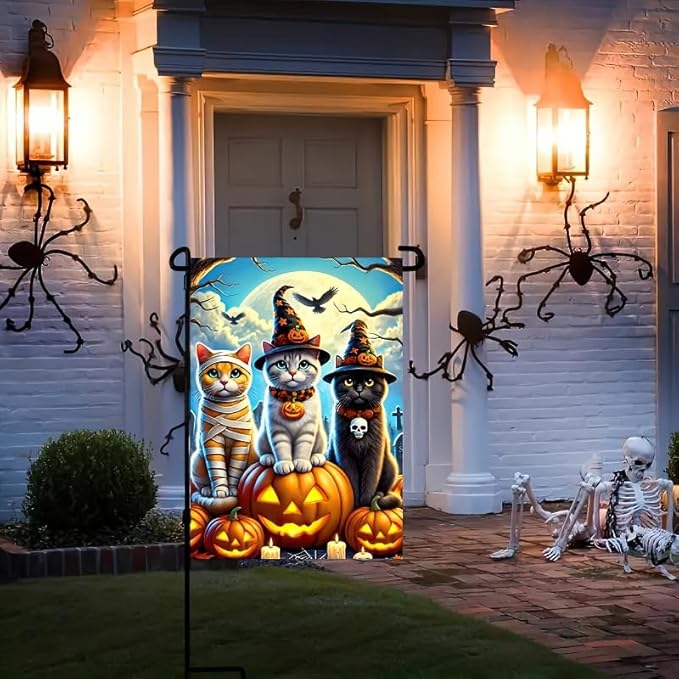 Halloween Garden Flag 12x18 Inch Double Sided Happy Halloween Cat Pumpkin Garden Flags Outdoor Seasonal Holiday Banner Outside Decorations Yard Flag