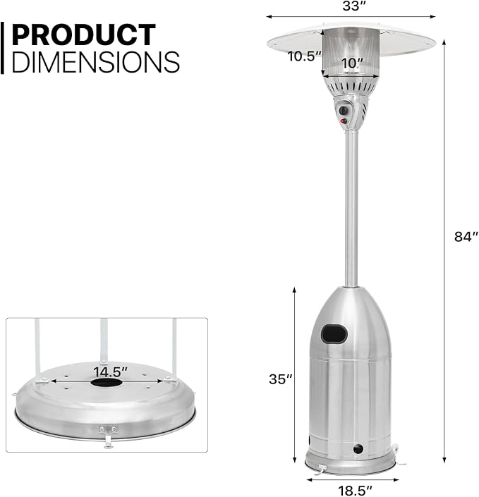 MoNiBloom 41000 BTU Propane Patio Heater with Wheels and Stainless Steel Burner Outdoor Patio Heater for Commercial Use, Residential, Garden, Backyard, Porch, Deck, Balcony (Silver)