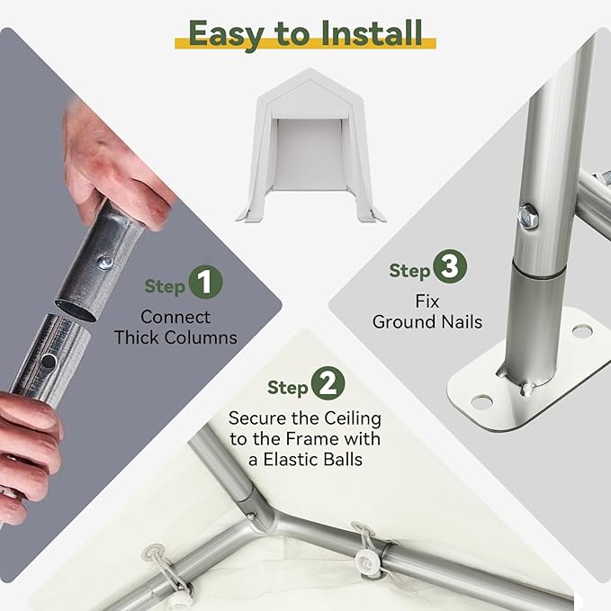 Aoxun 6x8x7 FT Outdoor Portable Storage Shed Tent with Roll-up Zipper Door and Window Portable Carport with Waterproof Tarp Galvanized Steel for Motorcycle, Generator, Bike Storage (White)