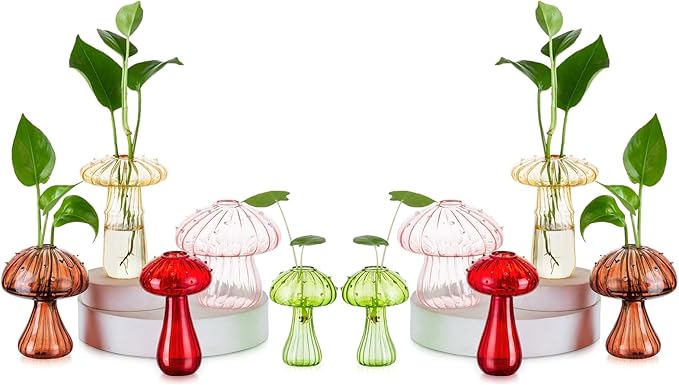 Mushroom Jars for Plants, Hewory 10pcs Colored Glass Mushroom Bud Vase for Flower, Unique Plant Propagation Stations Propagating Vases Decor, Mini Cute Hydroponic Terrarium Planter for Indoor Planters