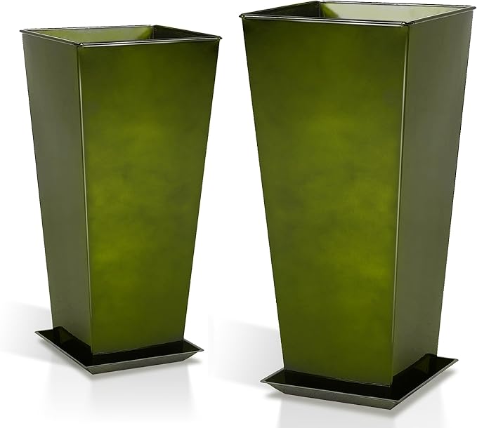 Worth Garden Large Metal Glazed Planter Set of 2 (25" + 28"), Luxurious Glossy Finish Green Tall Square Tapered Steel Plant Pot, Decor Flower Pot Indoor & Outdoor, Drainage Hole & Dual-Purpose Saucer