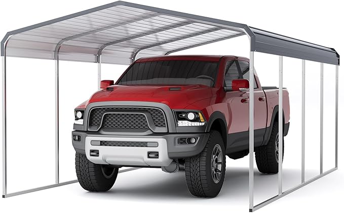 12x20 FT Metal Carport Shed,Heavy Duty Carport with Galvanized Steel Roof & Frame, Permanent All-Weather Shelter for Cars, Motorcycles, ATV, Boats, and Tractors