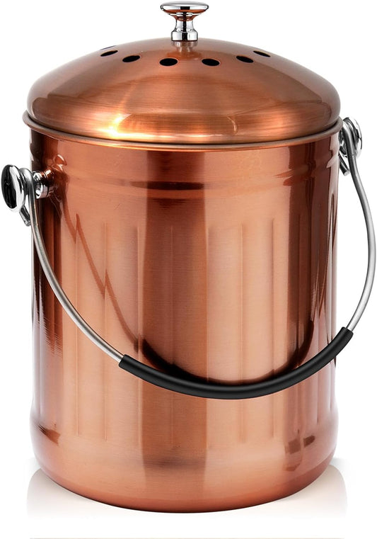 ENLOY Compost Bin for Kitchen Countertop, 1.3 Gallon Matte Copper Stainless Steel Compost Bucket with Lid, Odorless Food Waste Bucket with 2 Charcoal Filters, Indoor Compost Pail with SOFT-GRIP Handle