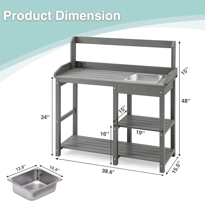 Psilvam Outdoor Potting Bench with Sink for All-Weather Gardens, HDPE Potting Benches for Outside, Planting Table for Garden, Patio and Lawn (Grey)