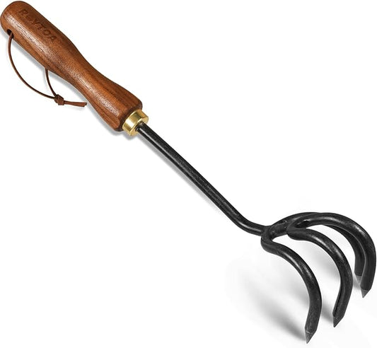 Hand Cultivator Rake, Ergonomic Small Garden Rake with Walnut Handle & 4 Durable Tines, Garden Tools for Weeding, Digging and Cultivating