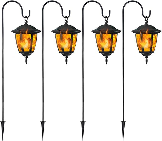 Dynaming 4 Pack Solar Flame Hanging Lights Outdoor, Solar Flickering Flame LED Garden Lanterns with 4 x 38 Inch Shepherd Hooks, Landscape Lighting Waterproof for Lawn Patio Yard Pathway Driveway