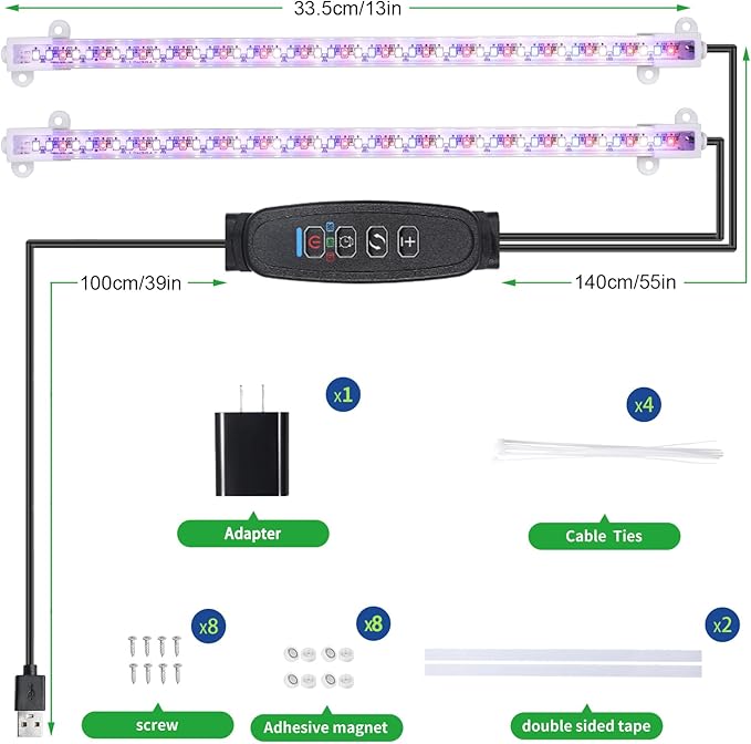 Two Strip Growing Lamp for Indoor Plants, Red & Blue & Yellow Full Spectrum LED Grow Light Strips with Auto ON/Off 3/9/12H Timer,10 Dimmable Levels for Green House Succulent (2 Head 13 in)