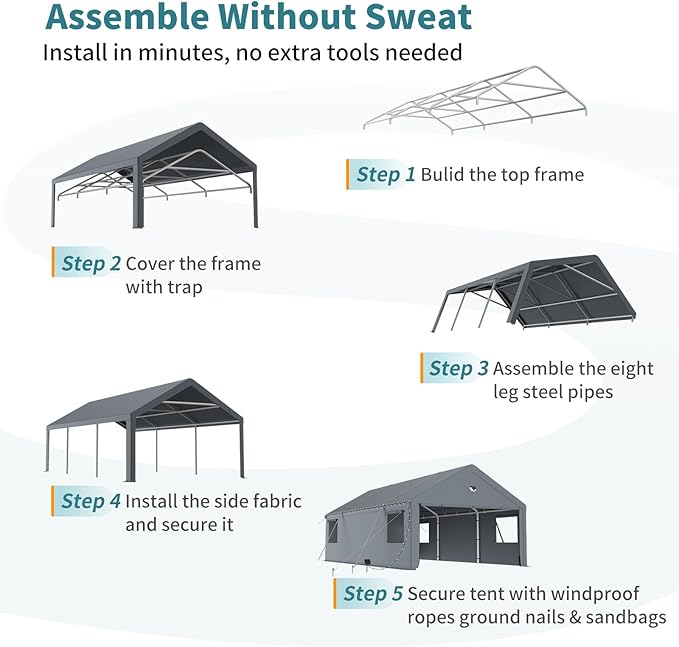 Carports 20X20 Heavy Duty,Car Ports with 180G Removable Side Walls,Carport Canopy,Portable Car Port Garage,Car Shelter All Weather,Gray