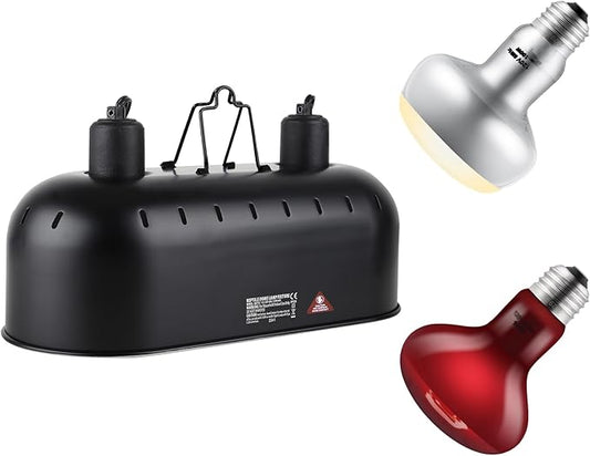 15 inch Dual Reptile Light Fixture, Max 150W Dual Dome Reptile Heat Lamp with 100W Basking Bulb&Infrared Heat Lamp, UVB Light Fixture for Terrarium and Tortoise Habitat