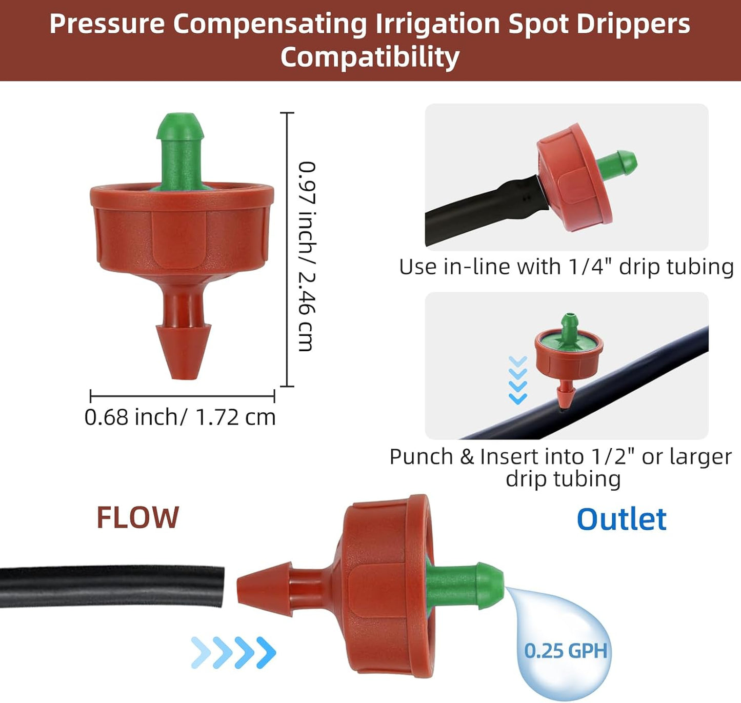 60PCS 0.25 GPH Pressure Compensating Drip Irrigation Spot Watering Drippers/Emitters, Self-Cleaning Constant Flow Drip Irrigation Emitters Heads Irrigation Drippers Parts for Drip Irrigation System