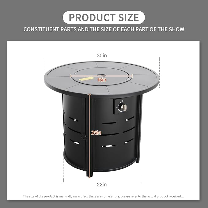 30 Inch Fire Tables Round Tabletop 50000 BTU Outdoor Fire Pits for Outside Steel Gas Fire Table with Fire Pit Lid Waterproof Cover, Black