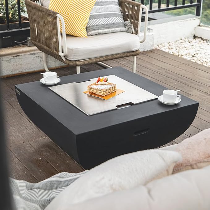 Aurora Concrete Fire Pit 34" x 34" Outdoor Patio Firepit Includes Lava Rocks Modern Fire Pits & Outdoor Fireplaces for Garden, Deck, Indoor & Outdoor Heating