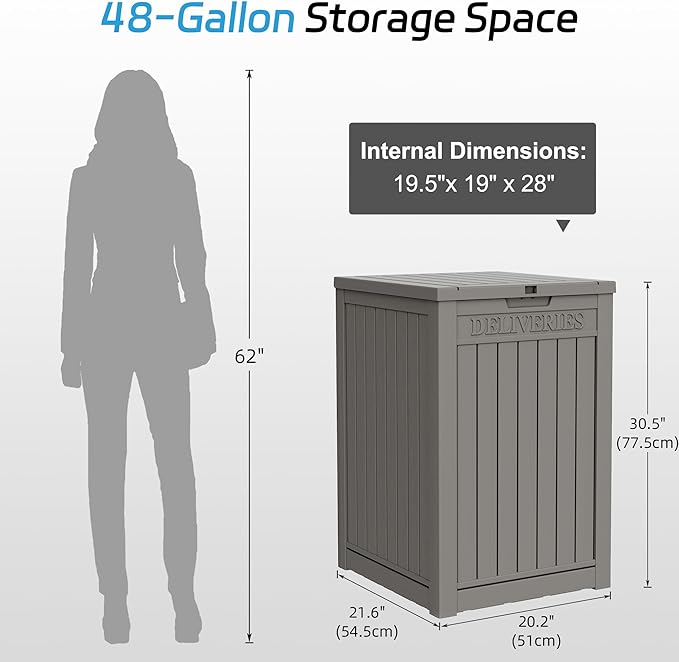 48 Gallon Outdoor Storage Box, Package Delivery Box for Outside with Lockable Secure, Resin Outside Storage Box Waterproof Deck Box for Patio & Pool, Grey