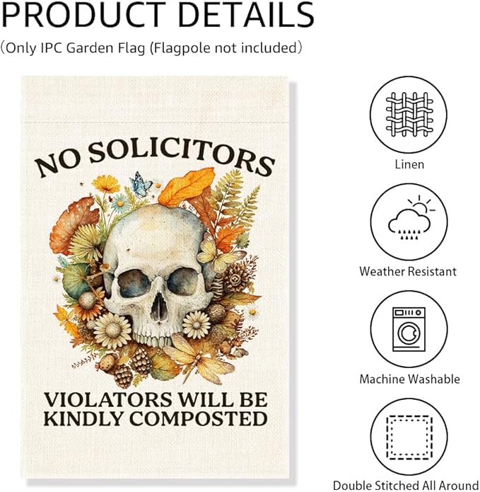 No Soliciting Garden Flag, Funny Halloween Floral Skeleton Yard Sign for Outside, House Porch Fall Outdoor Decor for Gardener, No Solicitors Sign, Go Away Sign, Gardening Gifts for Family Friend