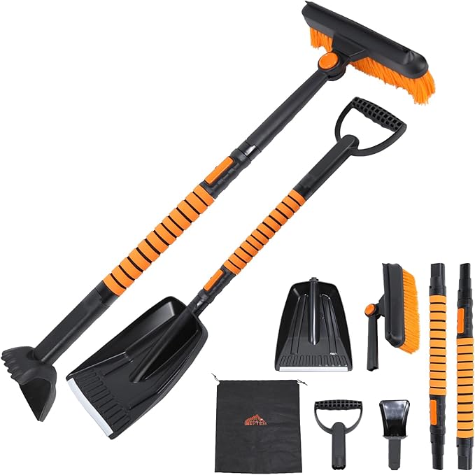 6 in 1 Snow Brush Snow Shovel Set Retractable Car Snow Scraper with 270° Rotating Broom Silicone Strip Foam Grip Ice Scraper and Accidental Snow Shovel Vehicle Winter Kit for Trucks SUV Cars