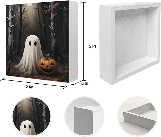 Mtrgdn Halloween Decor,Halloween Decorations Indoor,Spooky Ghost Pumpkin Desk Decor Wooden Box Sign,Halloween Home Office Kitchen Bathroom Bedroom Coffee Table Shelf Wall Decorations,5x5 In