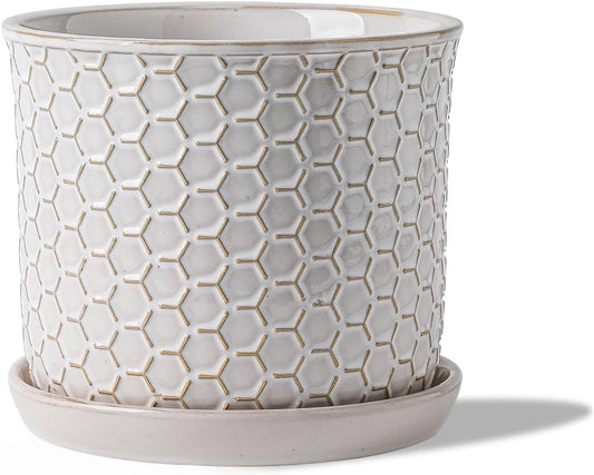 5.8 Inch Plant Pot: Ceramic Planter with Drainage Hole & Saucer - Flowerpot for Indoor & Outdoor Plants with Separate Tray for Home & Office - Honeycomb Design, Cream White